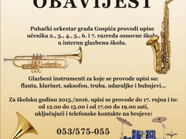 Upisi u Puhački orkestar grada Gospića…